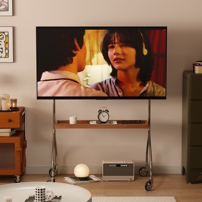 Adjustable Rolling TV Stand with Shelf and Wheels for 43-70 Inch TVs,Metal Wood Movable TV Stand-Baofuwish