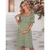 Floral Maternity Dress Square Neck Puff Sleeve Smocked Boho Photoshoot Baby Shower Pregnancy Dresses - 2 of 4