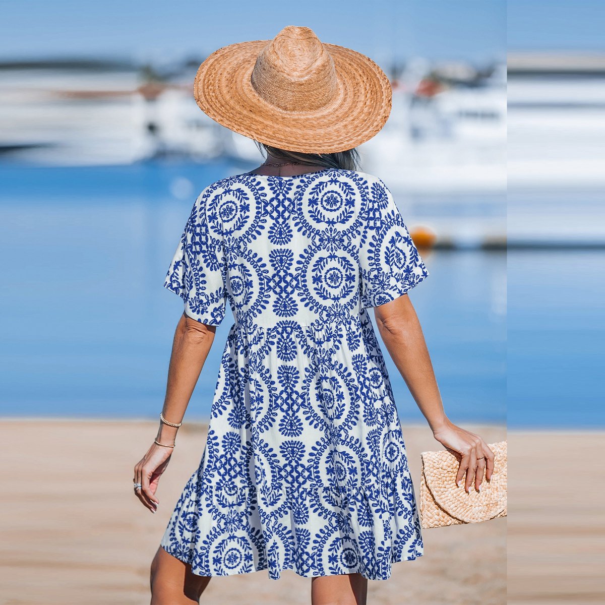 Женские платья Cupshe Women's Boho Chic Blue and White Floral Printed Beach Dress-M-Blue — фото 3