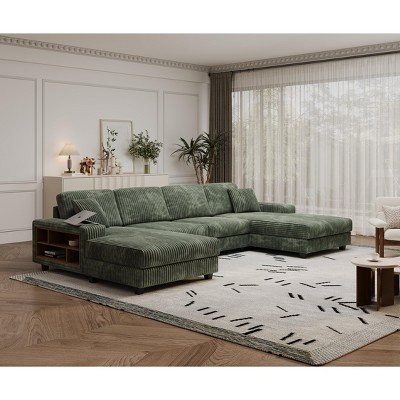 137" Oversized Symmetrical U Shaped Sectional Sofa with Double Chaise Lounge and Storage Cabinet,6 Seater Corduroy Upholstered Lounger Couch