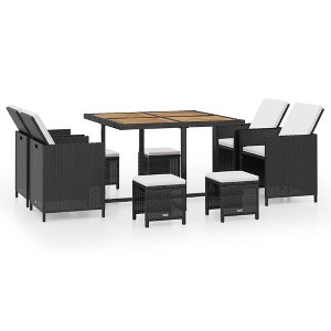 vidaXL Patio Dining Set 9 Piece–Outdoor Black Rattan Table–Acacia Wood Top–4 Chairs–4 Stools–Cream Cushions - 1 of 4