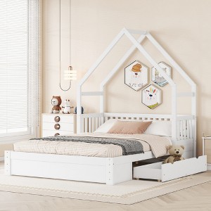 Bellemave Wood Queen Size House Platform Bed with Guardrail and 2 Drawers, White - 1 of 4