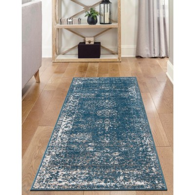 Sofia Blue and Ivory Low Pile Runner Rug