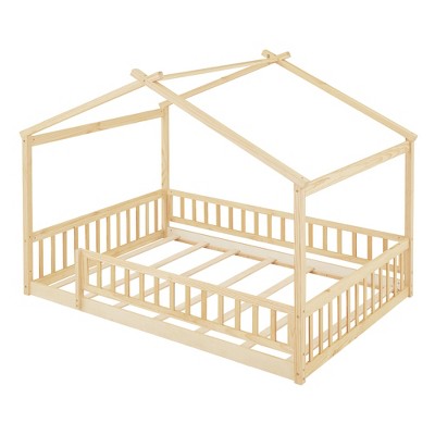Bellemave Full Size Montessori Floor Bed, Wood House Bed Frame, House Bed for Kids, Montessori Bed with Fence, Playhouse for Kids,Natural