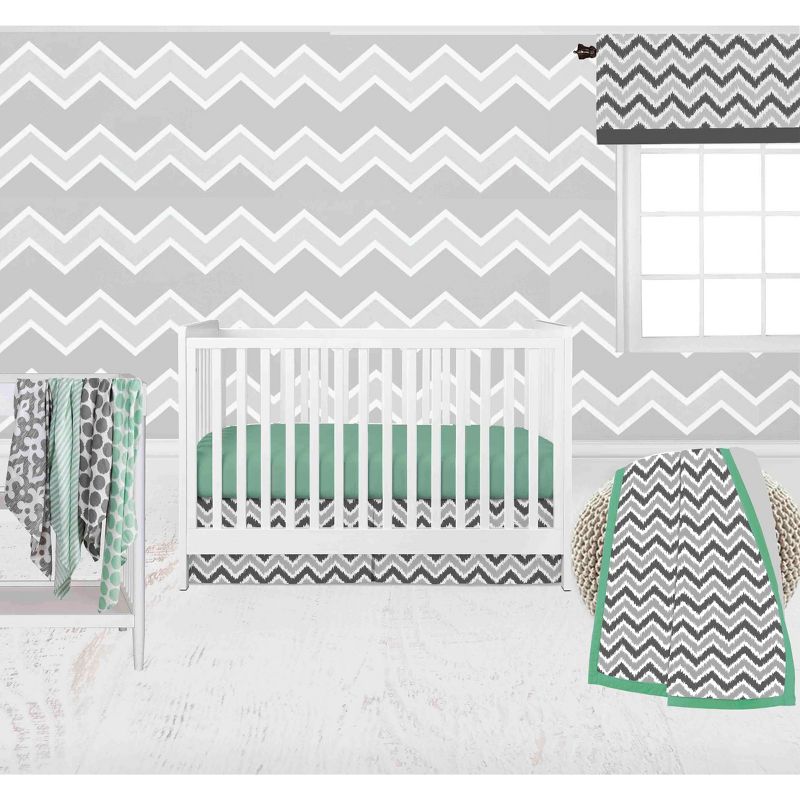 Bacati - Ikat Dots Stripes Mint Grey Muslin Neutral 10 pc Crib Set with wall hangings & Mobile, 1 of 8