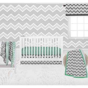 Bacati - Ikat Dots Stripes Mint Grey Muslin Neutral 10 pc Crib Set with wall hangings & Mobile