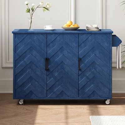 51.2"W 3D Wave Stripes Ash Veneer Kitchen Island with Drop Leaf, Farmhouse Rolling Kitchen Cart on Wheels with Storage Rack - ModernLuxe