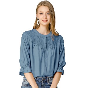 INSPIRE CHIC Women's Lace Panel Round Neck 3/4 Sleeve Blouse - 1 of 4
