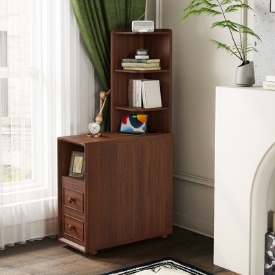 JUJABU Tall Corner End Table with Drawers & Open Shelves, Side Table for Bedroom - Walnut