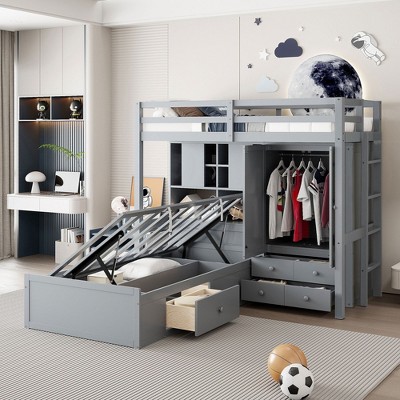 PAGED Full Size Loft Bed, Wooden Bed Frame with Wardrobes, Drawers, Lockers, Storage Stairs and Guardrail, Modern Bunk Bed for Kids, Adults