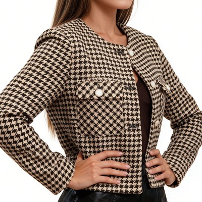 Женские куртки YesFashion Women Round Neck Houndstooth Tweed Cropped Jacket, Long Sleeve Metal Button Double Flap Pocket Short Outerwear for Daily Office Layering Khaki L — фото 3