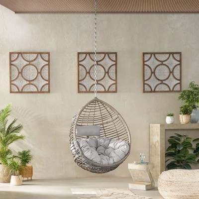 Outdoor Rattan Hanging Chair With Cushion,Indoor Hammock With Iron Frame,Polyethylene Rattan Woven Patio Lounge Chair,No Stand-Coolbibila