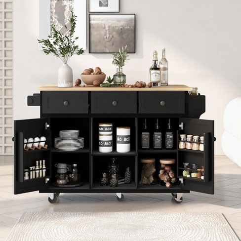 Kitchen Cart with Rubber Wood Drop-Leaf Countertop, Internal Storage Racks, Storage Cabinet, 3 Drawers, and 5 Wheels - Ideal for Dining Room and Kitchen Island - image 1 of 4