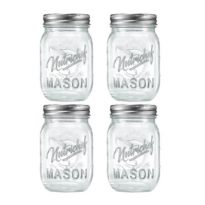 NutriChef 4 Pcs. Glass Mason Jars with Regular Lids and Bands, DIY Magnetic Spice Jars, Ideal for Meal Prep, Jam, Honey, Wedding Favors, and more