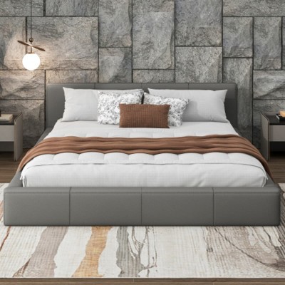 Upholstered Platform Bed Frame with Faux Leather, Low Profile King Bed with Slats, Modern Gray Bed for Bedroom or Guest Room-The Pop Home