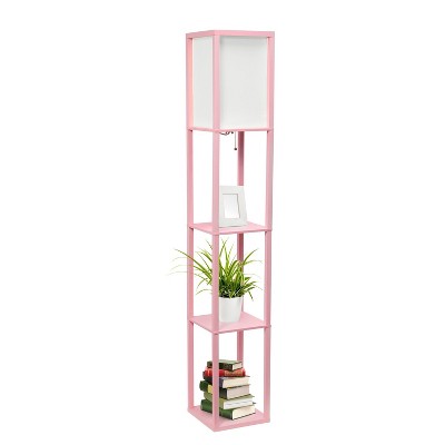 Elegant Light Pink Column Floor Lamp with Linen Shade and Display Shelves