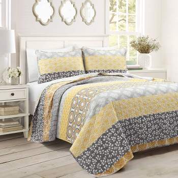 3pc Bohemian Stripe Reversible Oversized Cotton Quilt Bedding Set - Lush Décor