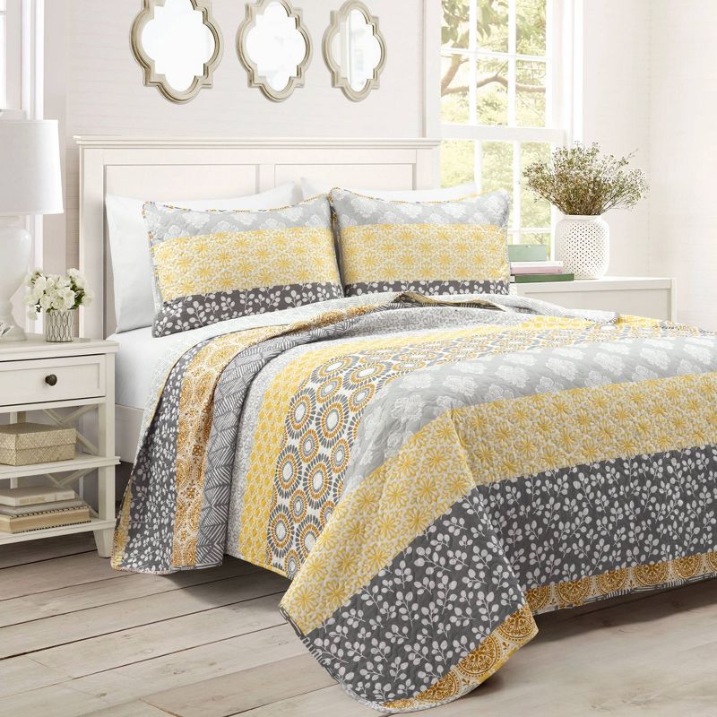 3pc Bohemian Stripe Reversible Oversized Cotton Quilt Bedding Set - Lush Décor, 1 of 9