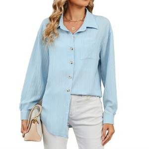 Coolmee Women's Button Down Shirts Long Sleeve Dress Shirt Textured Collared Work Blouse Dressy Casual Tops with Pocket - 1 of 4
