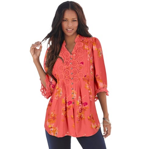 Roaman's Women's Plus Size Juliet Lace Big Shirt - 38 W, Sunset Coral ...