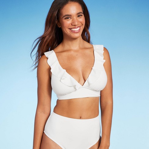 Women's Ruffle V-neck Longline Triangle Bikini Top - Shade & Shore™ Cream D/dd  Cup : Target