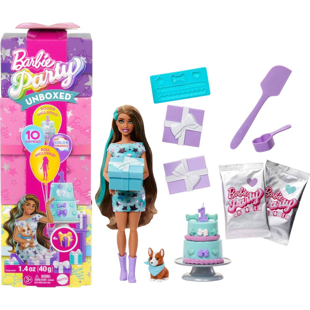 Barbie Party Unboxed Pet Birthday Series Doll and Accessories Party Stars Set with 10 Surprises