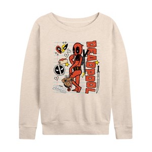 Women's - Marvel - Deadpool & Wolverine Notebook Doodles Lightweight French Terry Wide Neck Long Sleeve Shirt - 1 of 4