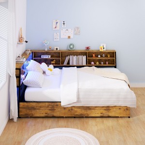 Okak Twin/Full Kids =Daybed Corner Bed Frame with Storage Bookcase & LED Light,Modern Bookcase Platform Bed,No Box Spring Needed - 1 of 4