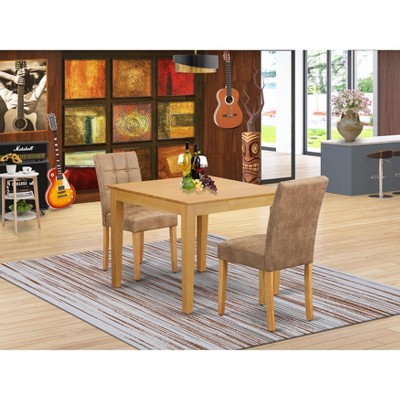 East West Furniture OXAS3-OAK-28 3 Piece Table Set contain A Modern Kitchen Table and 2 Brown Textured Faux Leather Mid Century Chairs, Oak