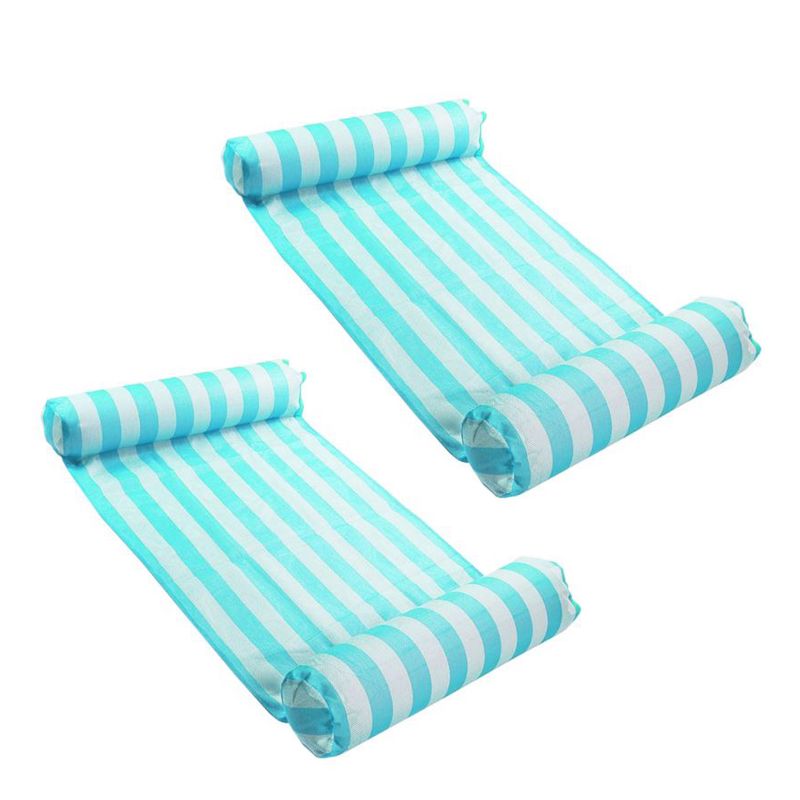 Magic Time International 91613VM Inflatable PVC Vinyl Striped Hammock Chair Pool Float, Teal and White with Double Inflatable Tubes (2 Pack), 1 of 5