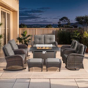 Buenhomino 9 Piece Wicker Outdoor Furniture Set with Thick Cushions, High Back Patio Furniture Set with Swivel Rocking Chairs and Fire Pit Table - 1 of 4