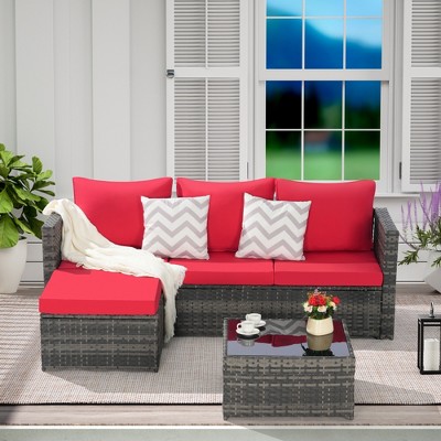 2PCS Patio Furniture Set, Outdoor Sectional Couch with Glass Coffee Table, L Shaped Wicker Conversation Set for Backyard Poolside Balcony