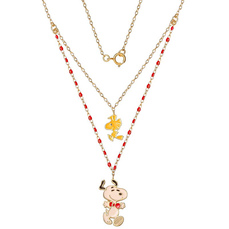 Peanuts Womens Woodstock and Snoopy Gold-Plated Sterling Silver Layered Charm Necklace, 5 of 7