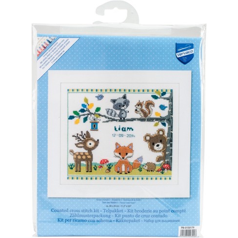 Vervaco Counted Cross Stitch Kit: Birth Record: Popcorn Bear & Soufflé Duck, 16 X