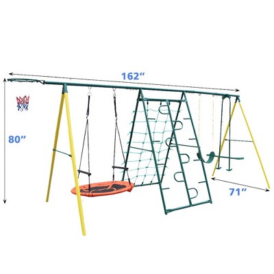 Swing Sets For Backyard, Metal A-Frame Swing Set With Saucer Swing, Belt Swing, Climbing Rope, Climbing Ladder, See Saw