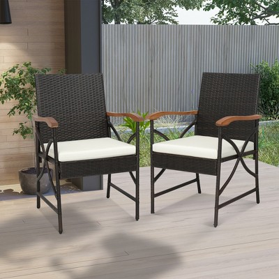 Set of 2 Brown Wicker Dining Chairs with Off-White Cushions