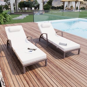 2-Piece Outdoor Chaise Lounge Set – Adjustable Wicker Pool Lounge Chair with 5-Position Backrest & Thick Cushions (White) - 1 of 4