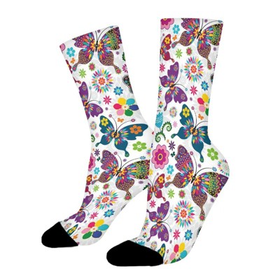Colorful Butterflies And Flowers Women Printed Crew Socks Funny Funky Socks Soft Polyester Novelty Gifts for Artists Men