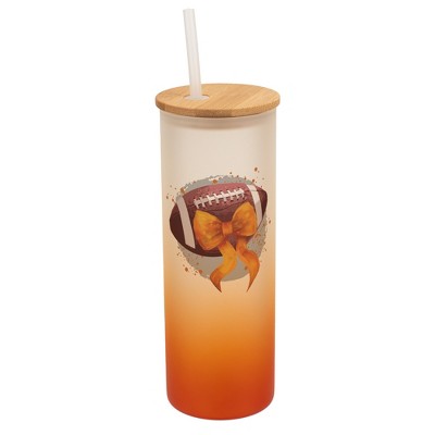 Elanze Designs 25 Ounce Frosted Glass Gradient Travel Tumbler With Straw and Wooden Lid, Football With Orange Bow Orange