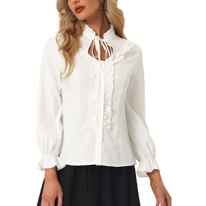 Allegra K Women's Vintage Ruffled Long Sleeve Button-Up Gothic Victorian Blouse - 1 of 4