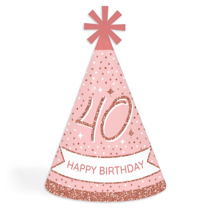 Big Dot of Happiness 40th Pink Rose Gold Birthday - Cone Happy Birthday Party Hats for Adults - Set of 8 (Standard Size), 1 of 8