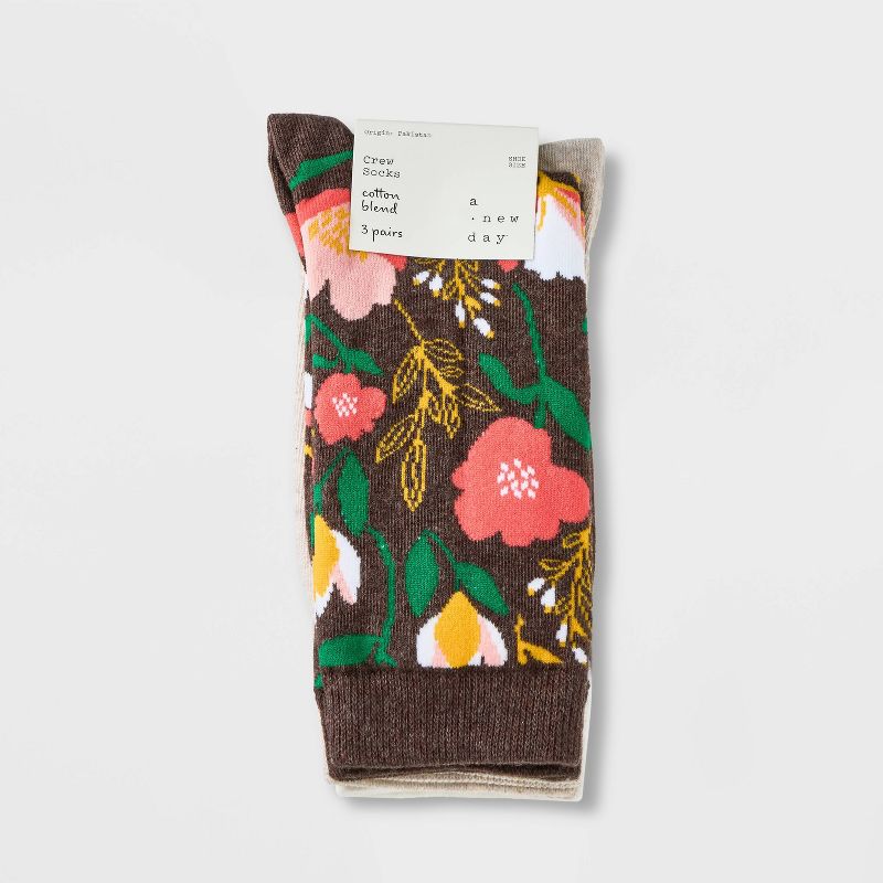Women&#39;s 3pk Contemporary Floral Print Crew Socks - A New Day&#8482; Brown Heather/Ivory 4-10, 3 of 7