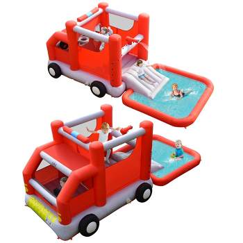 Costway Fire Truck Themed Inflatable Castle Water Park Kids Bounce House Blower Excluded