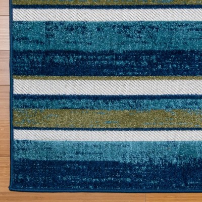 Blue and Green Striped Synthetic 5' x 7' Indoor/Outdoor Rug