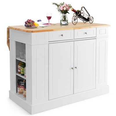 Tangkula Large Kitchen Island Drop Leaf Breakfast Bar w/ Wood Top Shelves Drawers