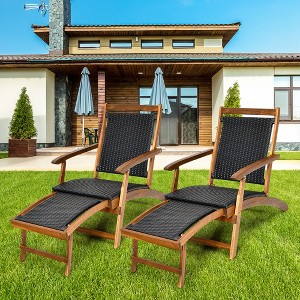 Costway 2PCS Patio Folding Rattan Lounge Chair Wood Frame Retractable Footrest - 1 of 4