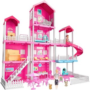 TEMI Villa Toy for 3 4 5 6 Year Old Girls - 4 Storeys 10 Rooms Villa Playset with 2 Doll Toy Figures, Accessories and Furniture - 1 of 3