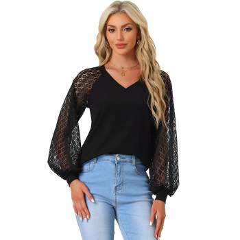 Allegra K Women's V Neck Casual Solid Lace Lantern Long Sleeve Tops
