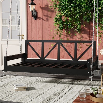 Twin Size Acacia Wood Patio Swing Bed, Weather-Resistant Porch Hanging Bed, Minimalist Style, 85.4" Twin Mattress Fit, Single - Coolbibila