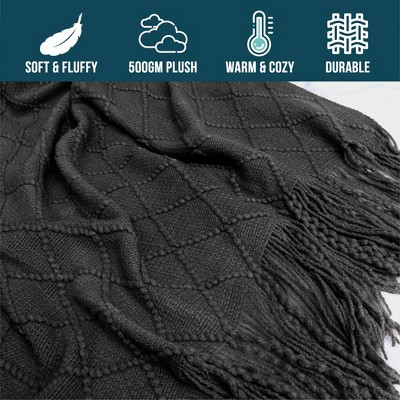Charcoal Gray Knitted Fringe Throw Blanket for Couch
